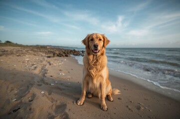 Golden retriever resting by the ocean shore. Pet dog relaxing on the sandy coast