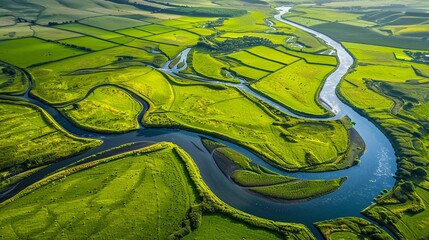 Obraz premium Landscape of winding rivers and lush green fields in a rural area capturing the beauty of nature under a bright clear sky