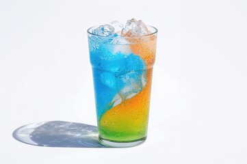 Sparkling energy beverage with ice cubes in a clear glass on a white surface, featuring blue, orange, and green hues