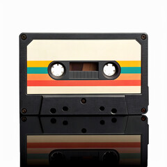 Naklejka premium A close up shot of a retro cassette tape with colorful stripes on a black reflective surface