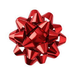 A vibrant, rich red high-gloss metallic gift bow, intricately tied with symmetrical loops, isolated on transparent, top-down flat lay, celebration and luxury concept