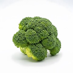 Fresh green broccoli floret isolated on white background, showcasing its dense florets and healthy cruciferous vegetable properties