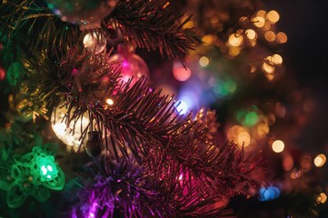 Close-up of vibrant Christmas tree ornaments shining in multiple colors