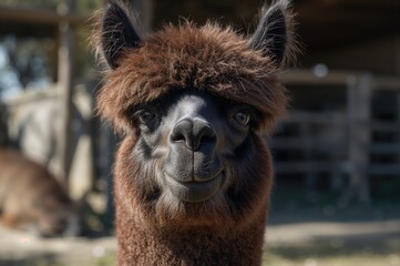 Obraz premium Humorous portrait of a shaggy brown animal with a quirky expression, captured outdoors on a bright sunny day