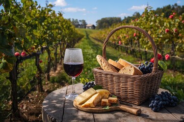 Picnic basket, red wine glass, and plump grapes set on a vineyard table