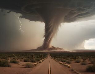 A huge tornado hits the desert landscape with great force. AI generated illustration, storm in the desert