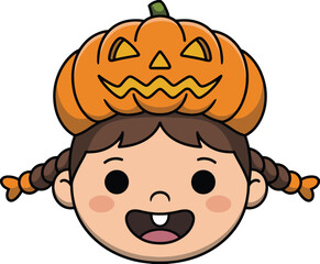 Happy Girl with Pumpkin Hat – Cute Halloween Cartoon Vector Illustration Isolate on White Background 