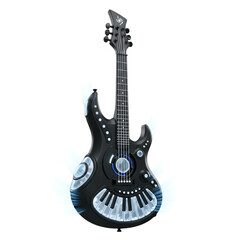 Naklejka premium A futuristic black electric guitar with glowing blue accents and piano keys, isolated on transparent background