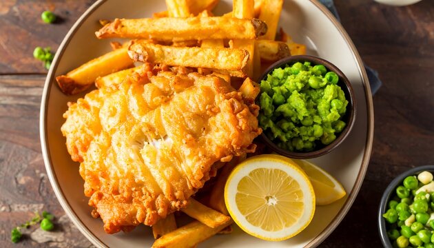Crispy golden fish and chips with peas