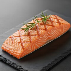 Grilled salmon fillet with rosemary garnish on a black slate plate, showcasing its vibrant orange color and healthy omega3 fatty acids