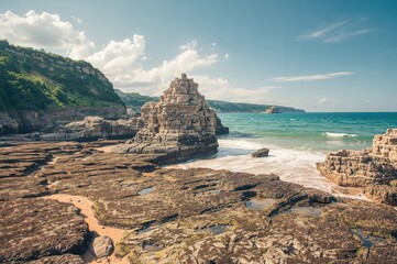 Coastal ocean landscape with algae and rocky beach during low tide in summer
