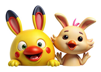 Adorable yellow chick and fluffy bunny friends peeking out together joyfully
