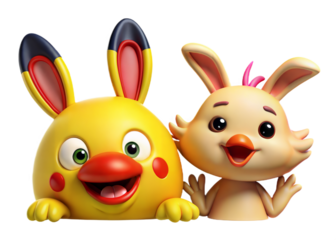 Adorable yellow chick and fluffy bunny friends peeking out together joyfully