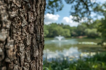 Fototapeta premium Close-up of tree bark with a pond softly out of focus behind it