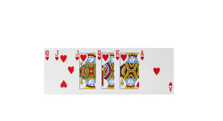Five perfectly arranged playing cards, a royal straight flush of hearts, on a transparent background with subtle shadows and copy space, concept of winning hand strategy