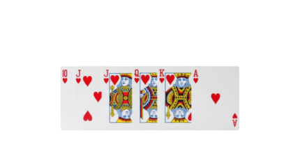 Five perfectly arranged playing cards, a royal straight flush of hearts, on a transparent background with subtle shadows and copy space, concept of winning hand strategy