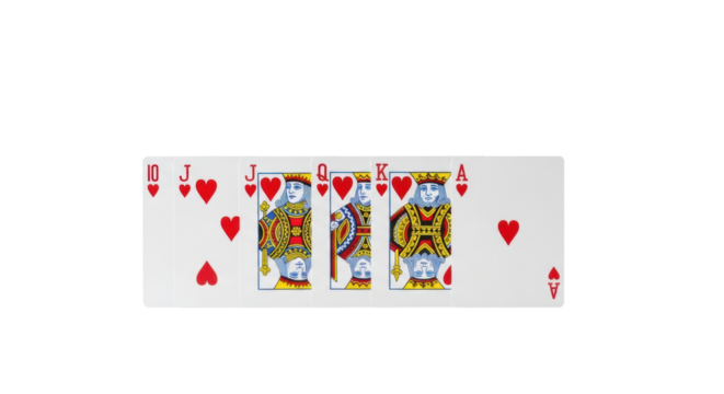 Five perfectly arranged playing cards, a royal straight flush of hearts, on a transparent background with subtle shadows and copy space, concept of winning hand strategy
