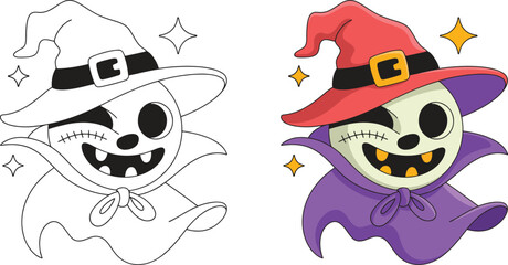 Cute Winking Ghost in Witch Hat – Halloween Cartoon Vector Illustration
