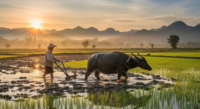 Lao Farmer Plowing a Rice Field with a Buffalo at Sunrise