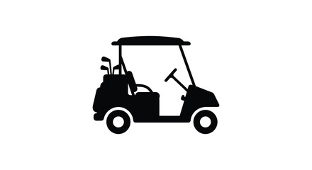 Simple black silhouette of a golf cart with clubs displayed prominently