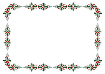 Ornamental geometric rectangle frame. Fantasy ethnic ornament of complex stars. Winter pattern in green red colors on white background, Christmas greeting card design