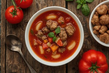 Classic Eastern European beet soup served in rustic setting