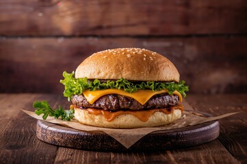 Delicious chargrilled beef sandwich with fresh lettuce and melted cheese served on a vintage wooden surface with ample background space for text
