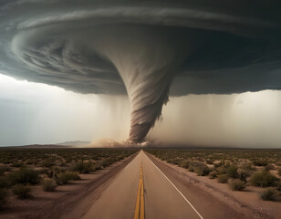 A huge tornado hits the desert landscape with great force. AI generated illustration, storm in the desert