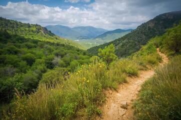 Fototapeta premium Hiking path through deep canyons in a Mediterranean island region