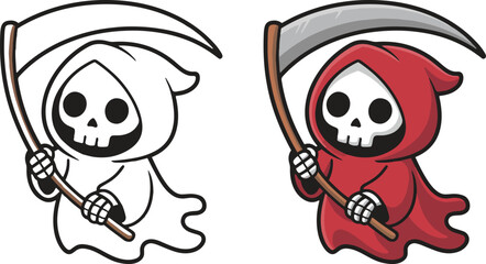 Cute Grim Reaper Cartoon Vector | Skull Mascot with Scythe in Red & White Hood Illustration