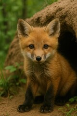 Fototapeta premium Adorable Baby Fox Sitting Near Its Den in the Forest