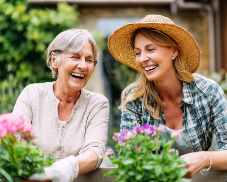 grandmother and granddaughter gardening