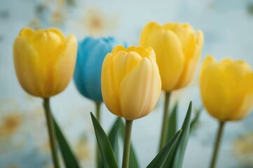 Obraz premium Yellow and blue tulip blossoms. Natural floral backdrop. Macro shot.