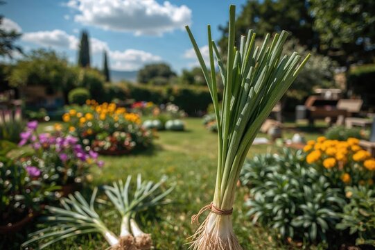 Authentic spring onion variety from a Mediterranean region known as calcot with a natural backdrop, food, garden, health, diet, vegetable, outdoor cooking