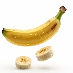 AI Generated: Fresh banana with water droplets and sliced pieces on white background