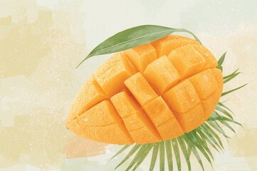 Fototapeta premium Vector illustration of fresh mango fruit slices accompanied by a green leaf