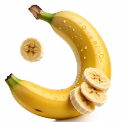 AI Generated: Fresh banana with water droplets and sliced pieces on white background