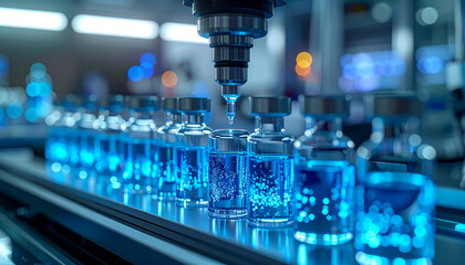 Vaccine Production: Automated machinery meticulously fills vials with a vital vaccine, symbolizing scientific progress and innovation in medical advancement.
