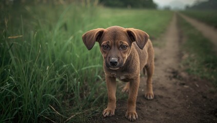 Homeless puppy with pleading eyes on a country dirt path surrounded by grass