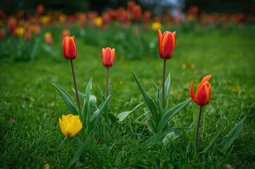 Fototapeta premium Lawn Covered With Vibrant Red and Yellow Tulips