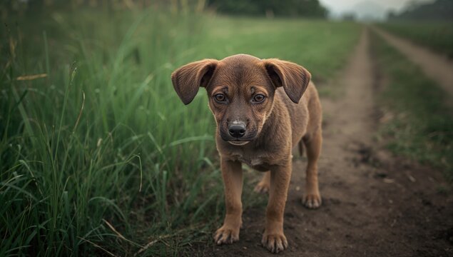 Homeless puppy with pleading eyes on a country dirt path surrounded by grass