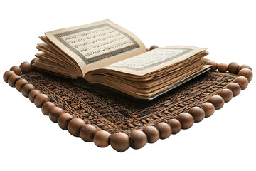 Open Quran on a beaded prayer mat Islamic scripture religious text holy book