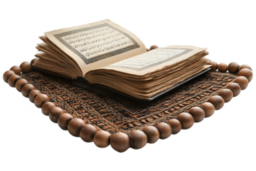 Open Quran on a beaded prayer mat Islamic scripture religious text holy book