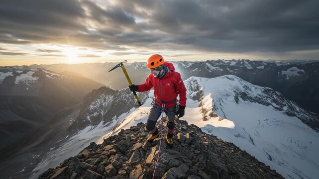 A Skilled Climber Standing Triumphantly on a Mountain Summit at Sunrise with an Ice Axe, Surrounded by Breathtaking Scenic Views of Snow-Capped Peaks and Dramatic Clouds
