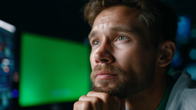 Young Caucasian Male Night Shift Supervisor Using Wall-Mounted Display With Green Screen Mock Up Template While Coordinating 24-Hour Warehouse Operations. Logistics Manager Operati - Powered by Adobe