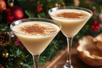 Classic holiday eggnog served in martini glasses with milk, rum, and cinnamon, festive ornaments around