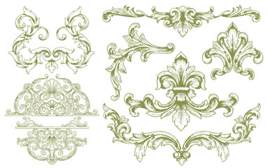 baroque victorian frame border illustration vintage floral ornament vector line art hand drawn set collection
