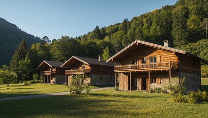 Obraz premium A group of cozy wooden cabins nestled within vibrant foliage, basking in the gentle sunlight and offering ideal spots for nature adventures and panoramic mountain vistas.