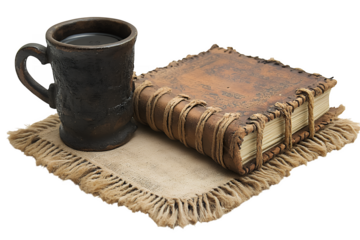 Rustic clay mug antique book with rope binding and burlap placemat vintage