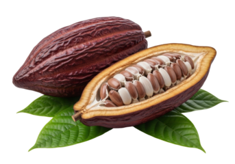 Dark brown cacao pods, one whole and one split revealing raw cocoa beans and white pulp, with vibrant green leaves on a transparent background, soft studio light, macro focus. Concept of natural